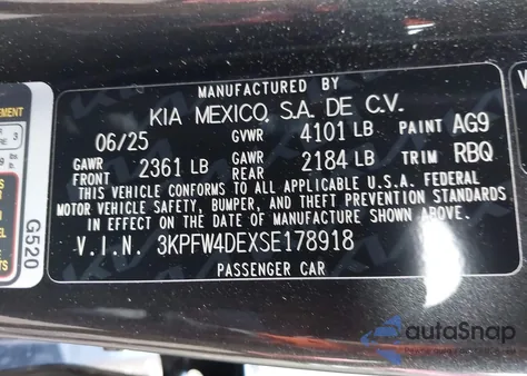 2025 Kia K4 Gt-Line z USA, uszkodzony, nr VIN 3KPFW4DEXSE178918